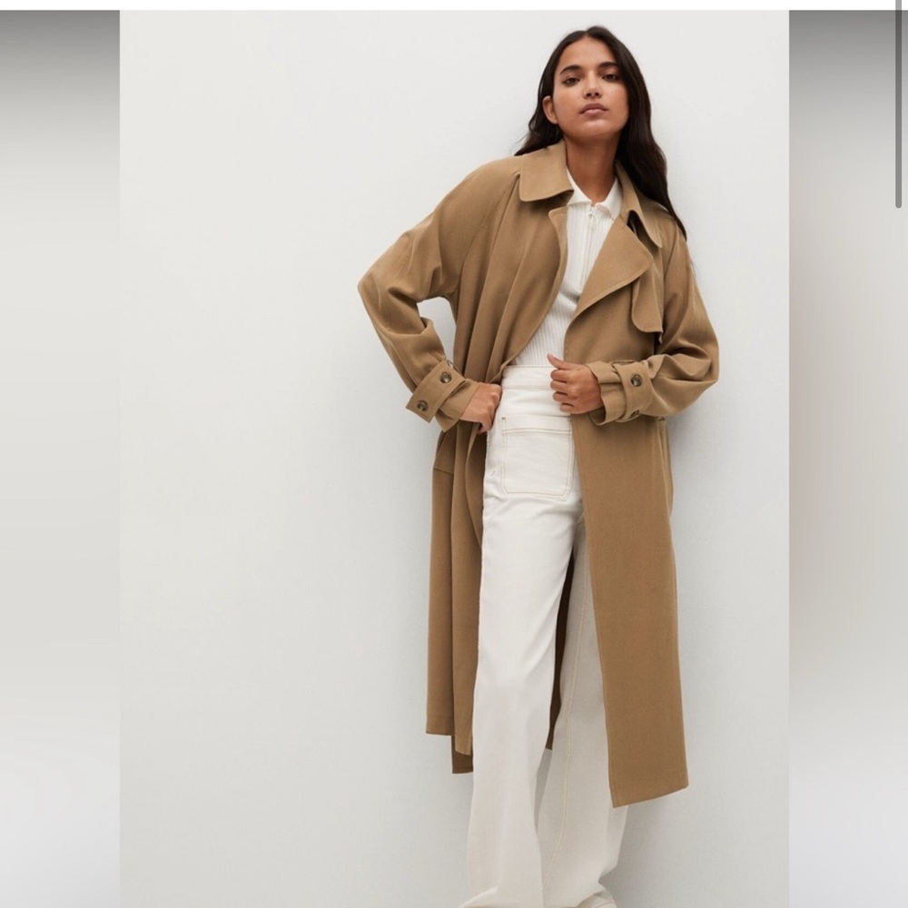 Mango‎ Belted Flowy Trench Coat – Camel Longline Lapel Collar Jacket NWT XL